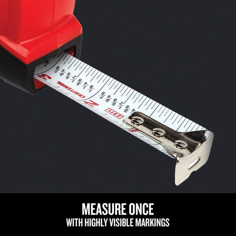 Close-up of the 25-Ft Tape Measure with Fraction Markings, Retractable, Self-Locking Blade (CMHT37225) extended blade.