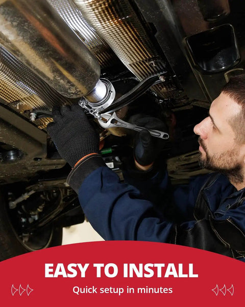 Mechanic installing 2.5 Inch V Band Clamp With Flange Stainless Steel on automotive turbo exhaust under a car.