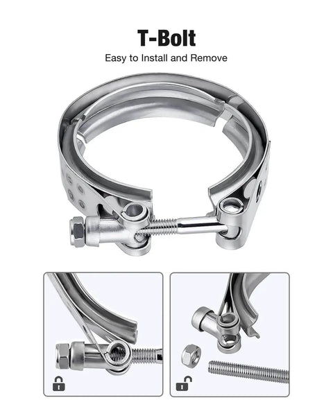 2.5 Inch V Band Clamp With Flange Stainless Steel For Easy Bolt On Connection featuring T-Bolt and flanges, shown disassembled.