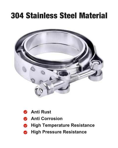 304 stainless steel 2.5 Inch V Band Clamp With Flange Stainless Steel For Easy Bolt On Connection shown with anti-rust features
