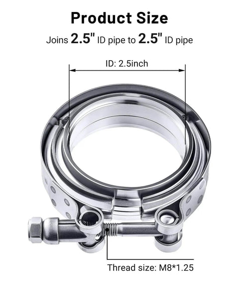 2.5 Inch V Band Clamp With Flange Stainless Steel, M8 T-Bolt, joins 2.5" ID pipes for turbo exhaust systems, even seal pressure