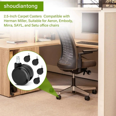 2.5 Inch Carpet Casters For Office Chairs Black Set Of 5 shown with Aeron chair in office setting
