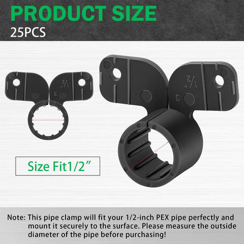 Black butterfly-style 1/2 inch pipe clamps for PEX, copper, CPVC; 25-pack suspension supports.