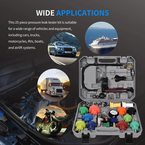 Automotive VTG VOGTEN 25pcs coolant pressure tester and vacuum refill kit in a gray case with colorful adapters