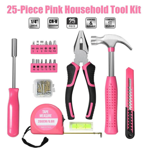 25 Piece Pink Tool Set for Women Portable DIY Home Repair Kit with Beginner Friendly Tools including hammer and pliers