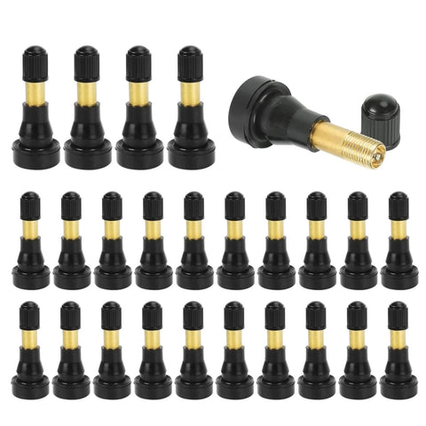TR-600HP tire valve stems, 25-pack, 1-1/4 inch brass stems with black bases, snap-in high-pressure kit for universal car tires