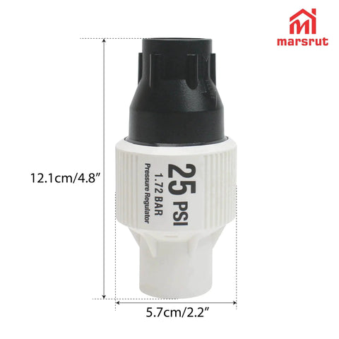 25 PSI Pressure Regulator For Drip Irrigation And Sprinkler Systems With Three Quarters Inch FPT Female Threads, front view with dimensions