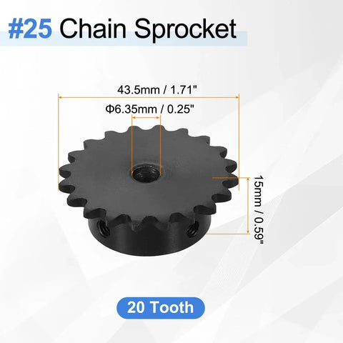 2 Pack 25 Roller Chain Sprocket For ISO 04C Chain, 20 Tooth, 6.35mm Bore, C45 Carbon Steel, Black Oxide Finish
