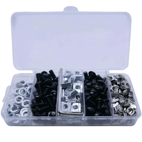 250 Pcs M5 T Nuts and Screws Assortment Kit for 2020 Series Aluminum Extrusion with Black Finish in storage box.
