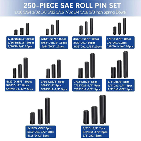 250 Pcs Roll pin Assortment, SAE Roll Pin Set, various size slotted spring pins with dimensions, black oxide finish, steel material