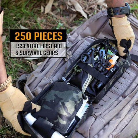 Open 250 Piece Go To Survival IFAK First Aid Kit With Molle Pouch For Camping Hiking Boating And Emergency Preparedness EMT Ready Trauma Bag showing contents.