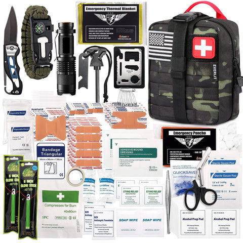 250 Piece Go To Survival IFAK First Aid Kit With Molle Pouch, camo bag with emergency items for camping, hiking, and emergencies.