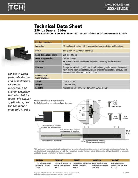 Technical data sheet for 250 lb drawer slides, showing installation details and measurements for 12 Inch Heavy Duty 250 lb Steel Drawer Slides.