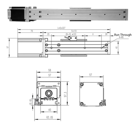 Technical diagram of 250mm CNC Linear Guide Module with Ball Screw, Nema 23 Stepper Motor, showing dimensions and layout.