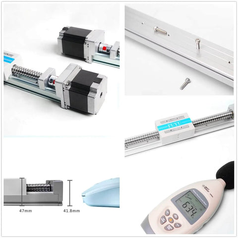Collage of 250mm CNC Linear Guide Module parts: Nema 23 stepper motor, ball screw, noise level meter, compact no-rail design.