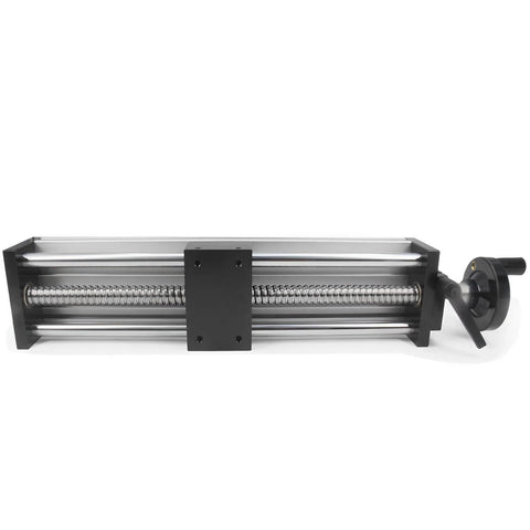 250mm Effective Travel Dual Optical Axis Manual Sliding Table with SFU1605 Ball Screw, Linear Rail Guide and Handwheel, side view