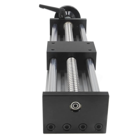 Front view of 250mm Effective Travel Dual Optical Axis Manual Sliding Table with SFU1605 Ball Screw and Linear Rail Guide, black metal