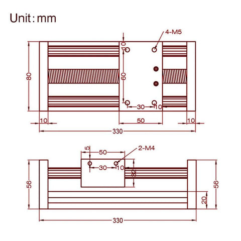 Technical drawing of 250mm Effective Travel Dual Optical Axis Manual Sliding Table with SFU1605 Ball Screw and Linear Rail Guide dimensions