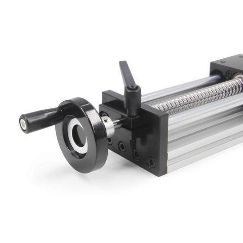 Close-up of 250mm Effective Travel Dual Optical Axis Manual Sliding Table with SFU1605 Ball Screw, Linear Rail Guide and Handwheel.