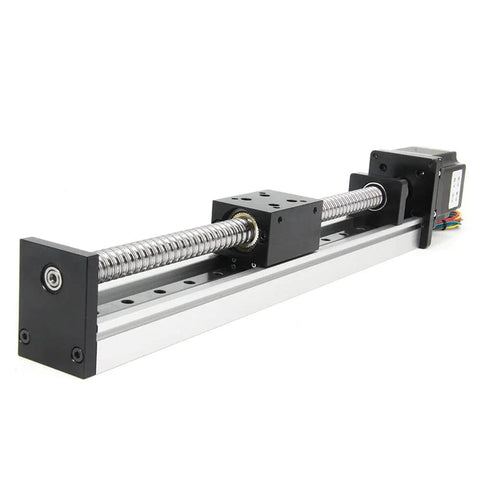 Side view of a 250mm Travel Linear Stage Actuator with SFU1605 Ball Screw and NEMA23 Stepper Motor, Square Linear Rails for DIY CNC.
