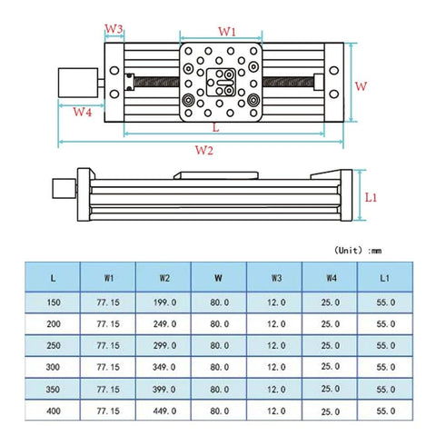 Dimensions diagram of 250mm 4080U Aluminum Profile Z-axis Screw Slide Table Linear Actuator for 3D Printer and DIY CNC Router Parts X Y Z Axis