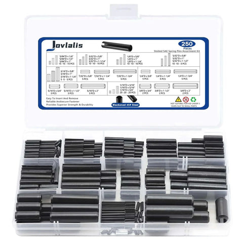 250 Pcs Roll Pin Assortment, SAE Roll Pin Set in plastic case, featuring slotted spring pins made of carbon steel, various sizes displayed