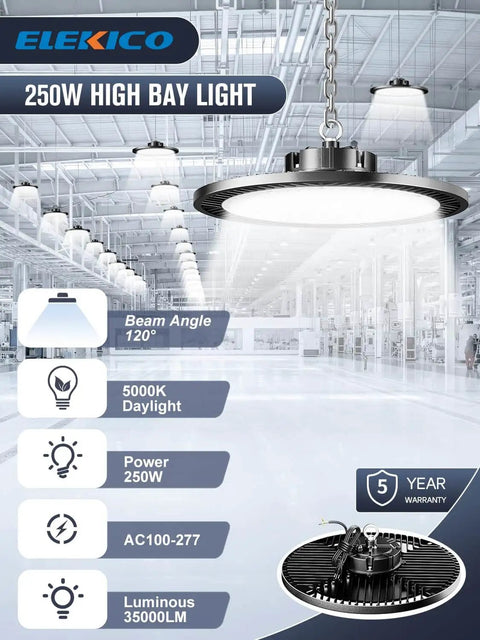 Crazy Bright 250W UFO High Bay LED Shop Light Two Pack 35000 Lumens at 5000K hanging in a warehouse setting