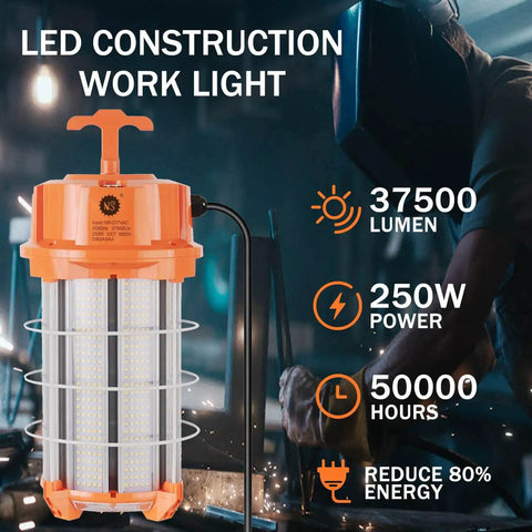 Ultra Bright 250W LED Temporary Work Light With 37,500 Lumens and 5000K Daylight, Portable Linkable IP65 Construction Lighting, front view