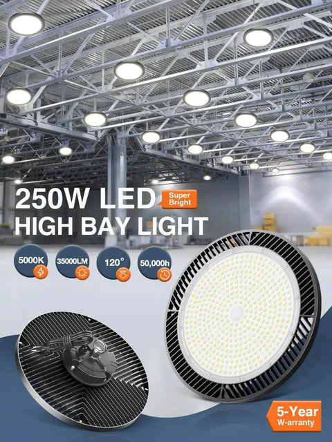 Crazy Bright 250W UFO LED High Bay Light 35000LM 5000K Eight Pack Shop Lighting in warehouse ceiling installation