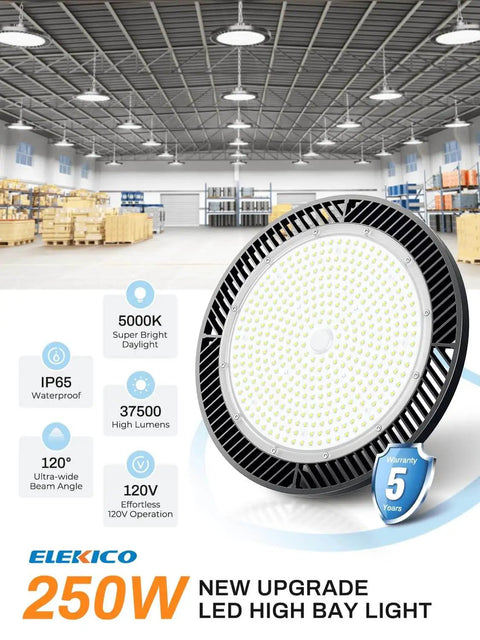 Super Bright 250W UFO LED High Bay Light With Plug And 5ft Cable 35000 Lumens 5000K Cool White 140 Lumens Per Watt