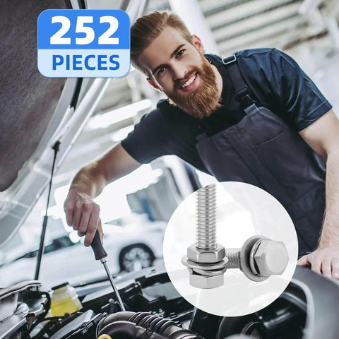 Mechanic using 252 Piece Hex Bolts And Nuts Assortment Kit 1/4 20 5/16 18 3/8 16 Stainless Steel 304 With Case