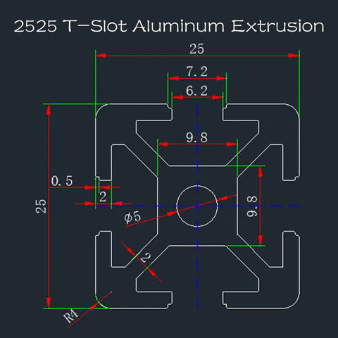 Technical diagram of 2525 T-slot aluminum extrusion, 25x25 mm, with detailed dimensions for framing projects, highlighting key measurements.