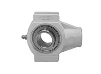 1-7/16 in stainless set-screw take-up with black open covers, single-row ball bearing mounted unit, heavy-duty shaft support front view