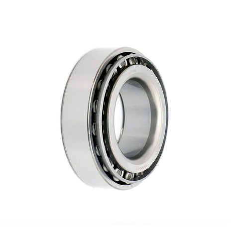 Side view of 25580/25520 Tapered Roller Bearing Cup and Cone Set, Set of 4, showing metal construction and roller bearings.