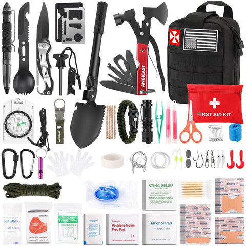 256 In 1 Survival First Aid Kit With MOLLE Pouch for Outdoor Adventures, displaying tools and medical supplies with black pouch