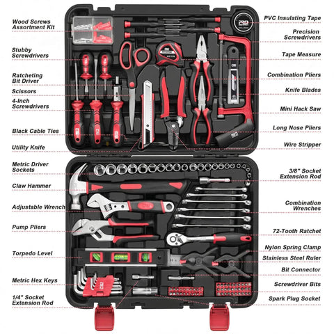Beefy 259 Piece Tool Kit Do It All Set With Plastic Storage Toolbox And Portable Repair Box For Home And Car, open view