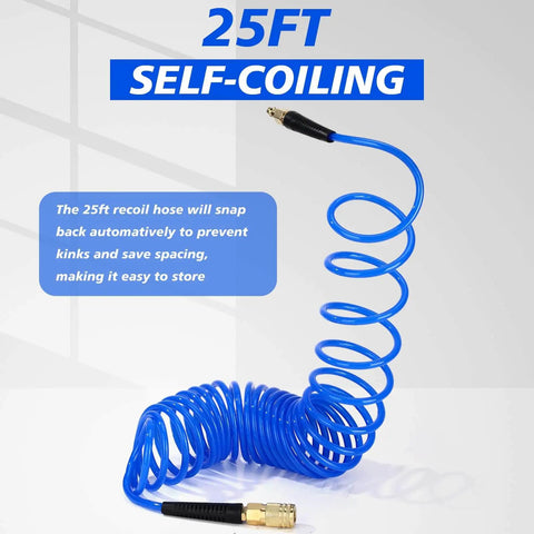 Image of a blue Six Pack 25 Foot Polyurethane Recoil Air Hose With One Quarter Inch Quick Connect And Plug Bend Restrictor Anti Twist Coil