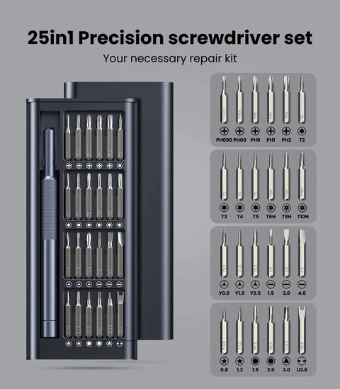 25-In-1 Magnetic Precision Screwdriver Set with Bearing Steel Bits displayed in a compact case with 24 precision bits