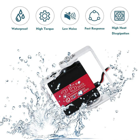 25 Kg High Torque Full Metal Gear Digital Servo Motor with waterproof feature and mount brackets in splash of water