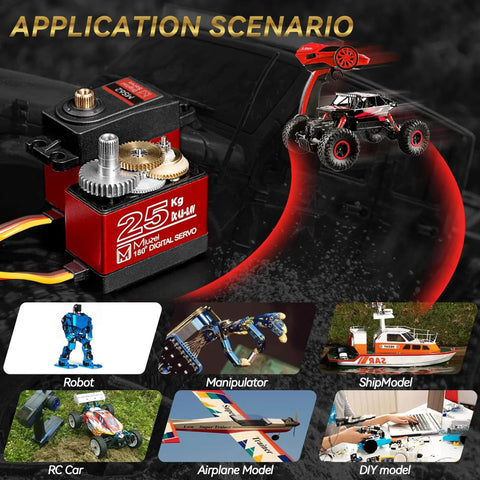 25KG High Torque Servo Motor, Miuzei RC Steering Servo Metal Gear Waterproof Compatible with 1/8, 1/10 RC Car, with 25T Horn 180 Degree (2) in application scenarios including RC car, robot, ship model, and more.