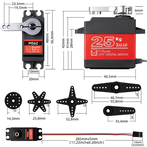 Diagram of 2Pcs 25KG High Torque RC Servo, Waterproof Servo Motor Compatible with 1/8, 1/10 RC Car, full metal gear parts and dimensions.