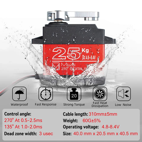 Image of 2Pcs 25KG High Torque RC Servo, Waterproof Servo Motor Compatible with 1/8, 1/10 RC Car, Full Metal Gear Steering Servo with 25T Servo Horn（270°） showing waterproof feature with visible specifications.