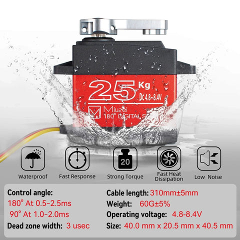 Front view of 25KG High Torque Servo Motor, Miuzei RC Steering Servo, waterproof, metal gear, shown with specifications