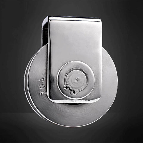 Close-up of a 304 stainless steel pulley wheel with double bearings, from the Pulley,Pulley Wheel, 2pcs Heavy Duty Track Pulley,304 Stainless Steel Translation Directional Roller,for Round Tube,Wire Rope Rail, Sliding Door,Industry Mechanical Cart(25 mm) set.