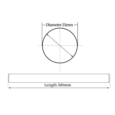 25mm X 500mm Linear Motion Rod diagram for 3D Printer CNC projects, showing diameter and length specifications.