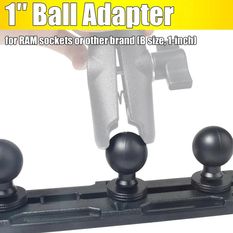 Close-up of Universal 25mm Ball Mount Base Plate with three ball joints for RAM Mounts, B size, showing attachment process.