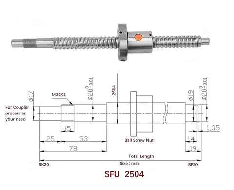 25mm Ballscrew Kit SFU2504 RM2504 Anti-Backlash Ball Screw Length 12.6 inch / 320mm 4mm Pitch + Ball Screw Nut