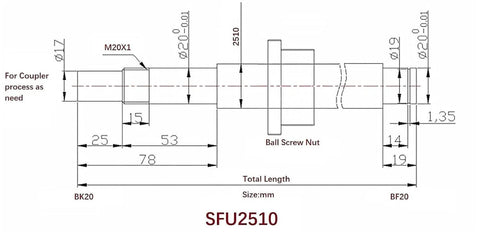 Diagram of 25mm Ballscrew SFU2510 RM2510 Anti Backlash Ball Screw with dimensions and standard end machining for BK/BF20
