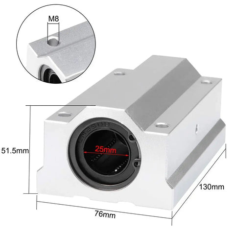 Compact 25mm Bore Linear Ball Bearing Slide Block With Aluminum Housing Delivers Low Friction Smooth Linear Guidance For Precision Machinery CNC Guides Automation Systems Robotic Assemblies And Electronic Equipment Enclosures.
