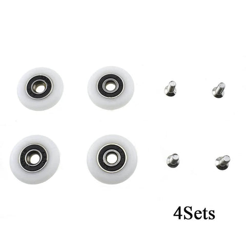 4-piece set of 25mm diameter bearing steel shower door wheels with nylon rollers, stainless steel screws and ball bearings for easy install